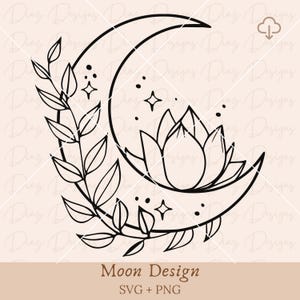 Fiore di loto luna svg, luna mistica svg, fiore di loto png, vettore luna floreale, png magico, clipart stregoneria, file di taglio luna celeste.