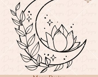 Moon lotus flower svg, lotus spiritual png, mystical moon clipart, floral moon cut file, moon vector, celestial moon cricut, lotus vector