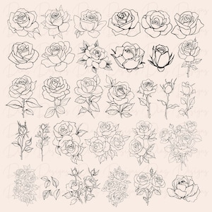 May include: A set of 35 black and white line drawings of roses in various styles. The roses are drawn in a simple, elegant style and would be perfect for use in crafting, scrapbooking, or digital design.