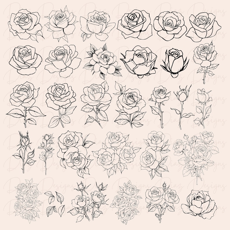 May include: A set of 35 black and white line drawings of roses in various styles. The roses are drawn in a simple, elegant style and would be perfect for use in crafting, scrapbooking, or digital design.
