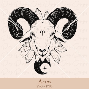 May include: Black and white illustration of the astrological sign Aries, a ram's head with horns, surrounded by crystals and a crescent moon. The symbol for Aries is above the ram's head.