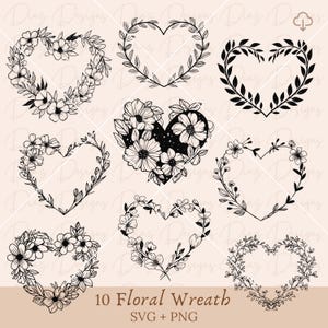 Cornice floreale svg, cornice floreale a forma di cuore png, clipart corona di fiori, file di taglio cornice botanica, monogramma floreale cricut, corona di cuori png