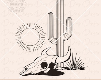 Desert scene svg, Desert landscape cricut, cactus clipart, cow skull svg, western cowboy svg, wild west png, howdy yeehaw svg, arizona svg.