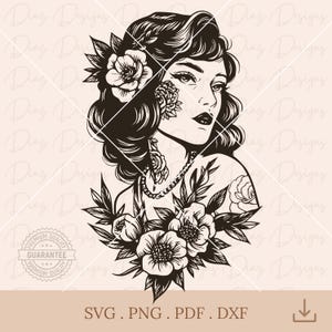 Traditionele tattoo vrouw SVG, Pin-up vrouw PNG, tattoo meisje Flash clipart, old school tattoo SVG, retro vrouw PNG, getatoeëerd meisje SVG.