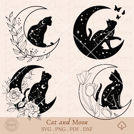 月猫 SVG、星猫シルエット クリップアート、神秘的な月のカット