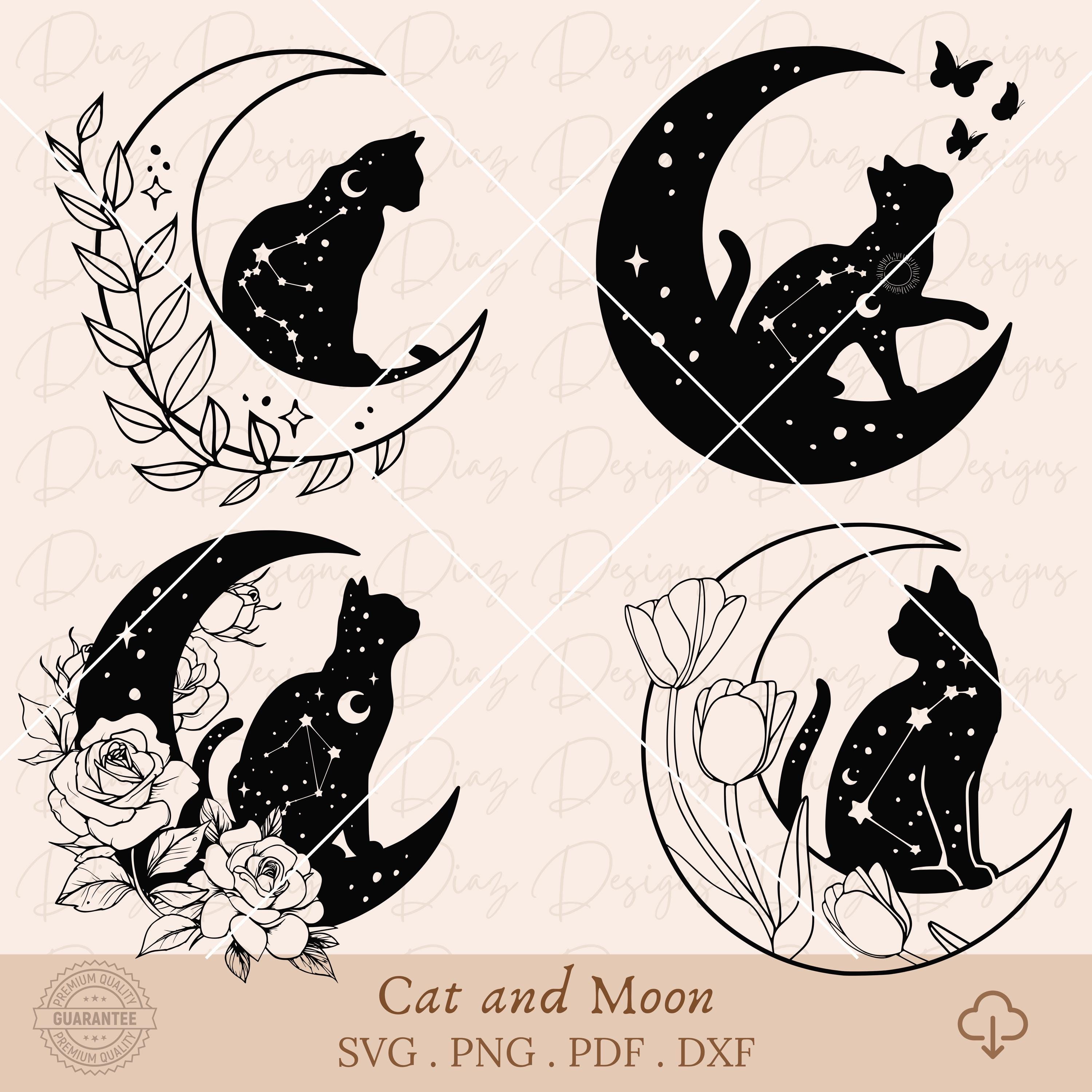 月猫 SVG、星猫シルエット クリップアート、神秘的な月のカット