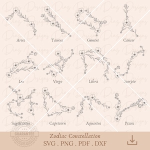Signe du zodiaque constellation florale svg, étoile du zodiaque png, symbole astrologique horoscope svg, poissons svg, lion svg, bélier svg, balance svg.