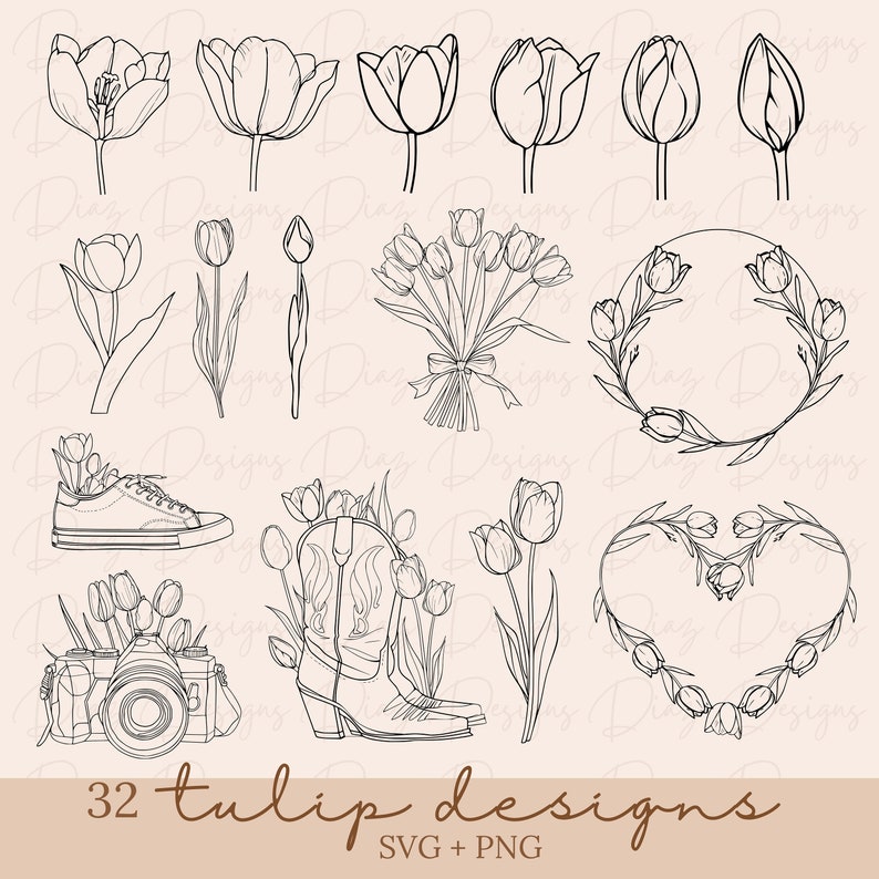 May include: A set of 32 black and white line art tulip designs. The designs include single tulips, bouquets, wreaths, and tulips in a cowboy boot and a sneaker. The text "32 tulip designs SVG + PNG" is at the bottom of the image.