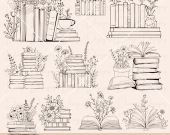 Peut inclure: Dix illustrations en noir et blanc de compositions florales avec des livres. Les illustrations sont de style vintage et présentent différents types de fleurs et de livres. Le texte "10 FLORAL BOOKS" est en bas de l'image.