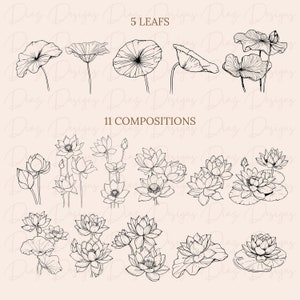 May include: A set of 11 black and white line drawings of lotus flowers and leaves. The drawings are arranged in a grid pattern and are perfect for use in digital or physical projects.
