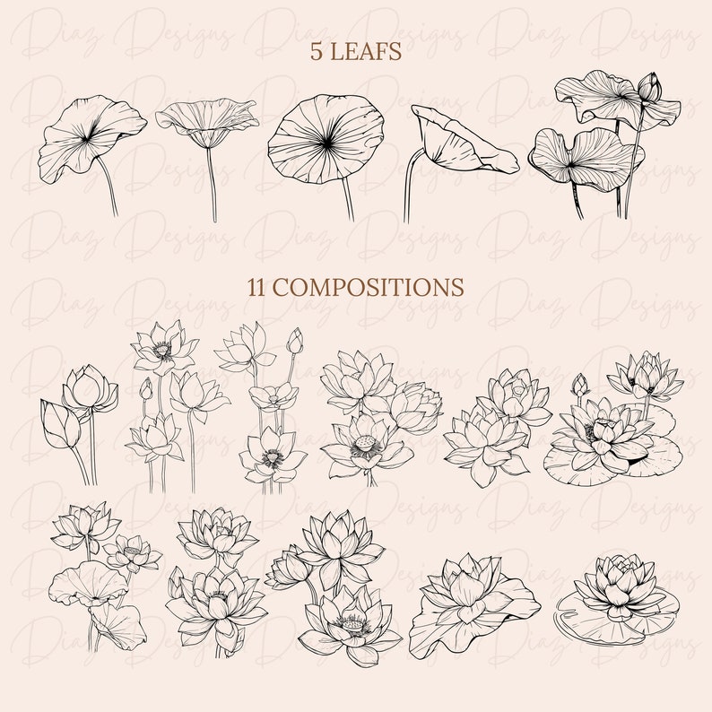 May include: A set of 11 black and white line drawings of lotus flowers and leaves. The drawings are arranged in a grid pattern and are perfect for use in digital or physical projects.