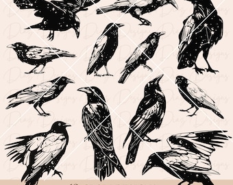 Mystical crow clipart, raven svg, raven tattoo png, halloween raven svg, crow tattoo cut file, crow positions svg, gothic raven cricut.
