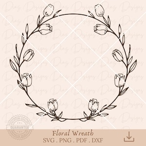 Bloemen tulpen frame SVG, cirkel tulpen PNG, wilde bloemen bruiloft clipart, monogram bloem tulpen SVG, boeket bloemen tulpen PNG.