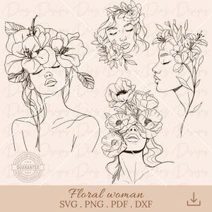 Donna floreale in formato SVG, ragazza di fiori png, file di taglio del fiore, vettore donna botanica, tatuaggio donna fiori di campo png, linea arte donna in formato SVG.