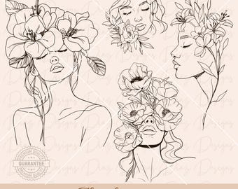 Floral woman svg, floral woman clipart cut file, woman body line svg, wildflower head svg, woman botanical svg, women line art drawing svg.