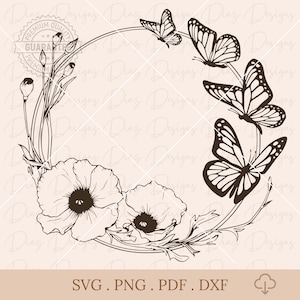 Quadro flores borboletas svg, clipart de borboleta de círculo floral, borboleta de flores png, monograma de círculo floral, clipart de borboleta de flores de casamento.