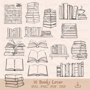 Puede incluir: Un conjunto de 16 dibujos en blanco y negro de libros, pilas de libros y libros abiertos. Los dibujos son de varios estilos, incluyendo realistas y estilizados. El texto "16 Books Lover SVG, PNG, PDF, DXF" está en la parte inferior de la imagen.