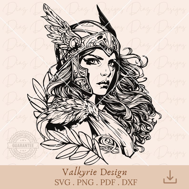 May include: Black and white line art illustration of a valkyrie warrior woman with long flowing hair, wearing a helmet with wings and a breastplate. She is holding a spear and shield.