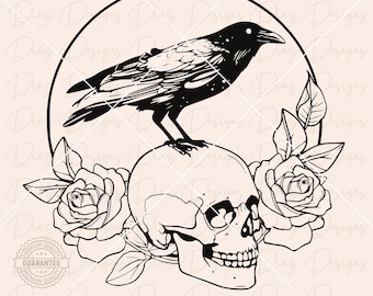 Raven skull svg, crow on skull clipart, raven tattoo png, crow clipart, skull head svg, crow tattoo cut file, skull roses svg, gothic png.