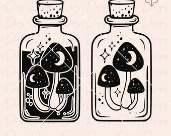 Magic potion bottle svg, mystical bottle png, witchy svg, magic mushroom svg, floral mushroom svg, moon mushroom svg, boho mushroom clipart.