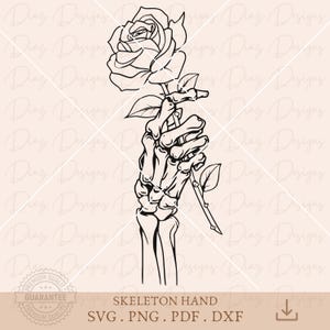 Può includere: Un disegno in bianco e nero di una mano scheletrica che tiene una rosa. La rosa ha un solo stelo e foglie. L'immagine è su uno sfondo rosa chiaro.