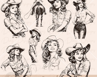 Cowgirl retro svg, pin up western png, beautiful lady svg, vintage cowgirl clipart, rodeo cowgirl cricut, wild west svg, yeehaw howdy png.