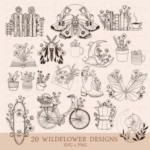 Fleurs sauvages svg, dessins clipart de fleurs, fleur papillon png cricut, livre floral vectoriel, fichiers coupés floraux, vélo botanique svg