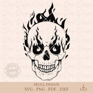 May include: Black and white illustration of a skull with flames for eyes. The skull is outlined in black and has a detailed design.