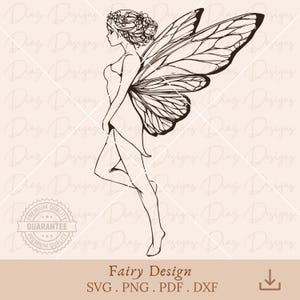 May include: A black and white line drawing of a fairy with wings and a flower crown. The fairy is standing with one leg raised and her wings are spread out behind her.