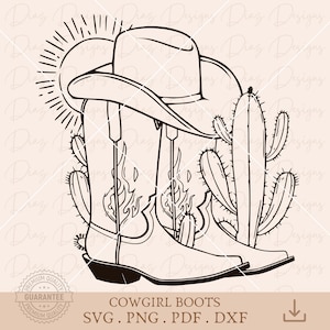 Bottes de cowboy svg, bottes de cowboy florales png, bottes western cricut, bottes texas coupées fichier, png du Far West, png de cactus du désert