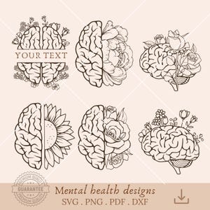 Ensemble de santé mentale svg, svg de cerveau floral, esprit sain png, cerveau humain png, fichier de découpe d'anatomie, clipart de cerveau sain