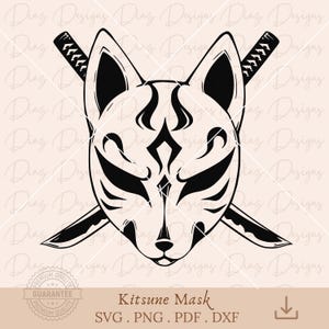 Japanse vos masker kitsune svg, kitsune yokai clipart, yokai masker svg, kitsune katana svg, kitsune snijbestand, kitsune logo cricut
