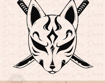 Kitsune mask svg, japanese mask svg, japanese fox clipart, fox mask cut file, yokai svg, japanese tattoo svg, katana png, kitsune cricut