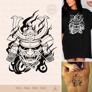 Puede incluir: Un diseño gráfico en blanco y negro que presenta un casco y una máscara de samurái detallados rodeados de llamas estilizadas. El diseño se muestra como archivo digital, impreso en una camiseta negra y como tatuaje temporal en una espalda.