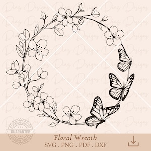 Marco flores mariposas svg, circulo floral mariposa clipart, flores cerezo png, monograma marco floral, boda flores cerezo mariposa cricut.