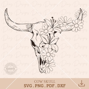 Crâne de vache floral svg, crâne de taureau fleurs svg, vache du désert de l'ouest png, crâne de vache clipart, vecteur de longues cornes, taureau de l'ouest cricut.