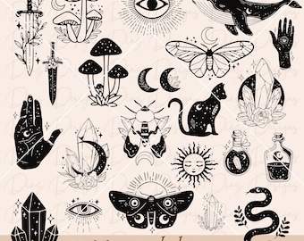 Puede incluir: Un conjunto de 23 ilustraciones de diseño místico en blanco y negro. Los diseños incluyen una espada, hongos, un ojo, una ballena, una mariposa, una mano, cristales, un gato, una abeja, un sol, una botella, una serpiente y una polilla. El texto "23 Mystical designs SVG + PNG" está en la parte inferior de la imagen.