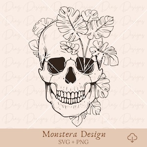 Monstera plant schedel svg, bloemen schedel svg, monstera clipart, monstera png, tropische plant svg, tropische bladeren png, botanische png.