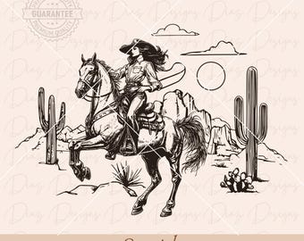 Cowgirl horse svg, desert scene svg, cowgirl retro rodeo svg, riding horse svg, vintage cowgirl png, roping cowboy svg, horse lasso cricut.