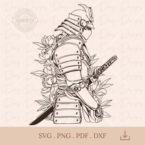 Japanese samurai svg, samurai peonies cut file, ninja clipart, japanese warrior vector, ronin bushido svg, bonsai tree svg, katana sword svg