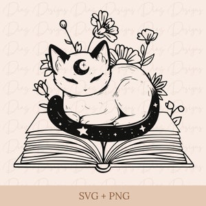 Livre de chat svg, fleurs de librairie png, clipart de chat mystique, amoureux des chats svg, fichier de découpe amoureux des livres, bibliothèque png, vecteur de librairie