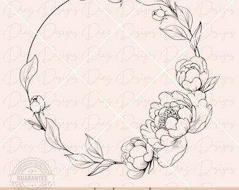 Peony circle wreath svg, floral wreath svg, peonies svg, wedding wreath svg, floral circle svg, floral frame peony png, floral monogram svg.