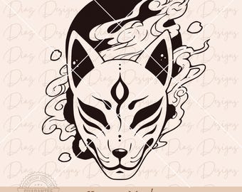 Kitsune mask svg, japanese mask svg, japanese fox clipart, fox mask cut file, yokai svg, japanese tattoo svg, floral fox png, kitsune cricut
