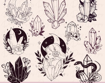 May include: Ten black and white illustrations of crystals, some with flowers, a crescent moon, and a snake. The text "10 Crystal designs SVG + PNG" is at the bottom of the image.