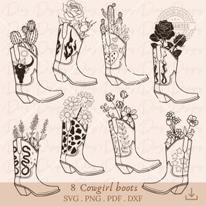 Bottes de cowboy fleurs svg, bottes de cowboy png, bottes western cricut, fichier coupé cactus, png du Far West, enterrement de vie de jeune fille png