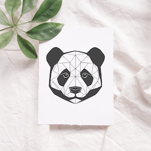 May include: A black and white geometric illustration of a panda bear's face.