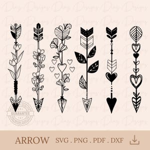 May include: Five black and white arrow designs featuring different decorative elements. The arrows all point upwards. The designs include hearts, flowers, and geometric patterns.