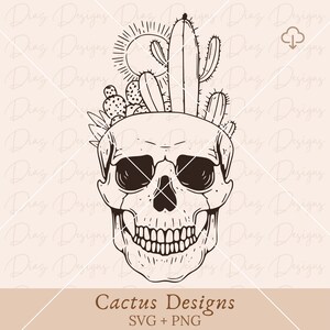 Cactusschedel svg, cactus clipart, bloemenschedel, cactusplanten png, cactuspot vector, schedel snijbestand, cactus cricut tekening.