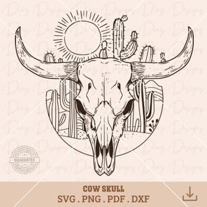 Calavera vaca svg, craneo toro cactus svg, escena desierto svg, desierto vaca png, vaca craneo clipart, cuernos largos png, oeste cricut.