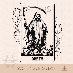 Carte de tarot squelette de la mort svg, faucheuse png, clipart de crâne de tarot, sorcière de tarot cricut, clipart de faucheuse de la mort, crâne svg, halloween cricut.